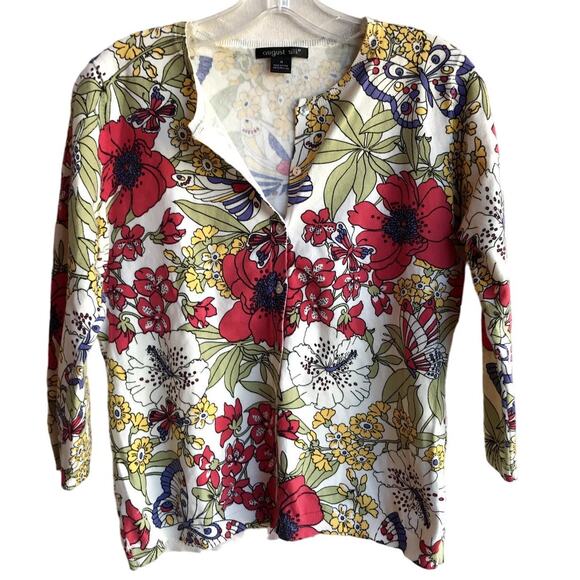 August Silk colorful Poppies and Butterflies Cotton Blend Cardigan size M - Picture 1 of 7